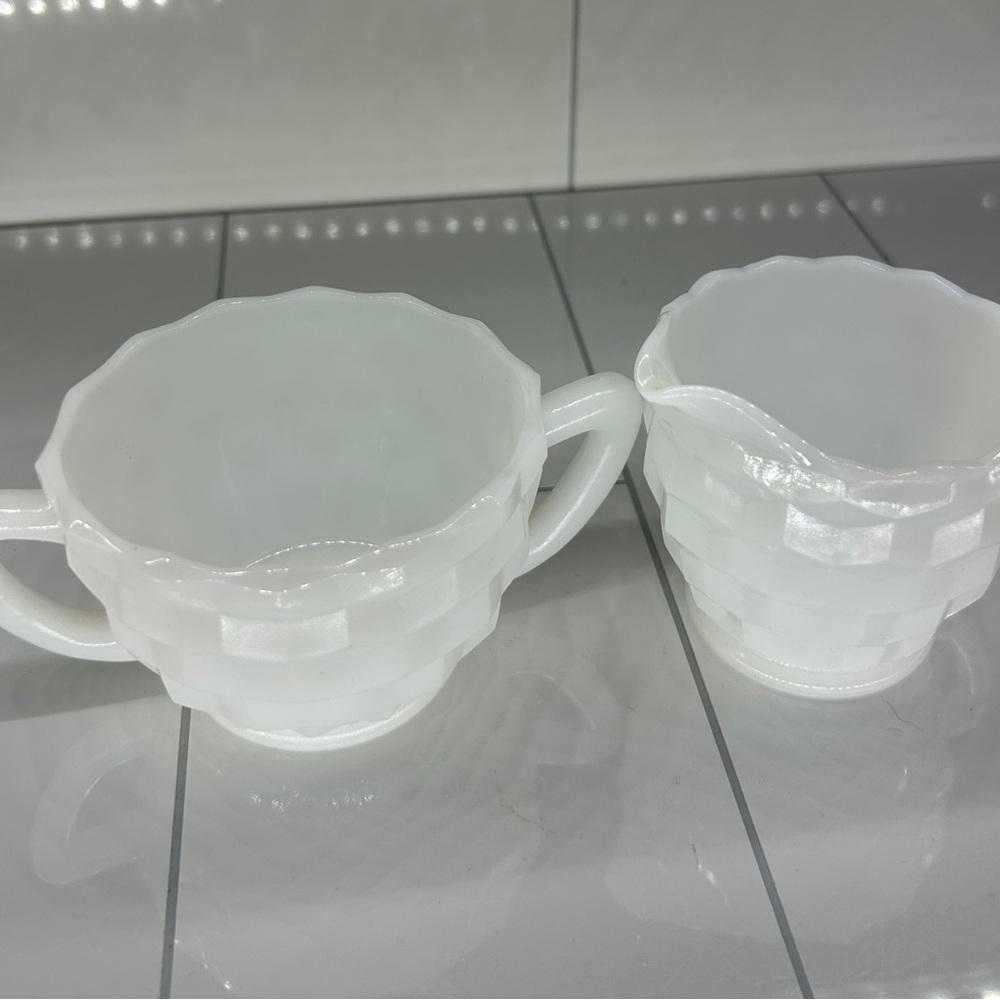 Vintage Jeanette Milk Glass Textured Cube Hazel Atlas Creamer and Sugar Bowl Set